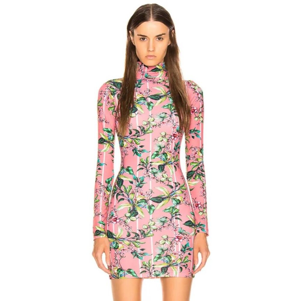 Vetements Long Sleeve Bodycon Mini Dress in Pink Flowers size Large